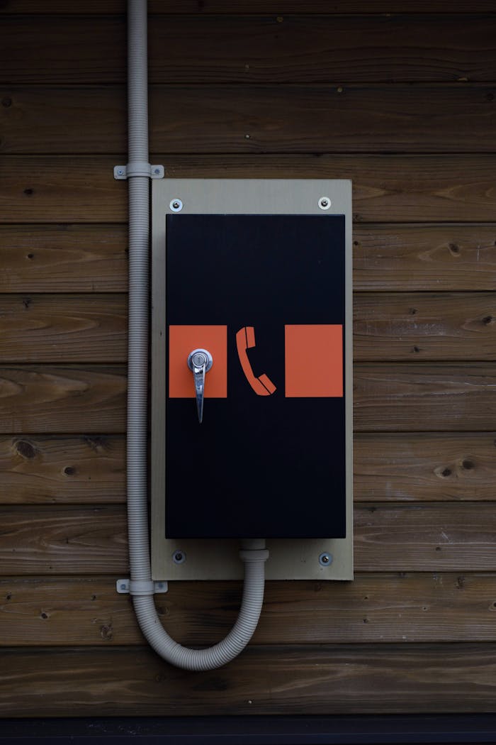 Emergency telephone box on a wooden wall outdoors, featuring a modern design.