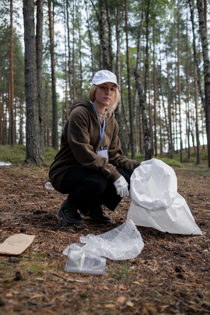 Dedicated volunteer collecting plastic trash in a forest setting.